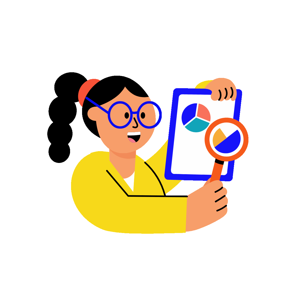 A flat style animated illustration showing a person doing insights