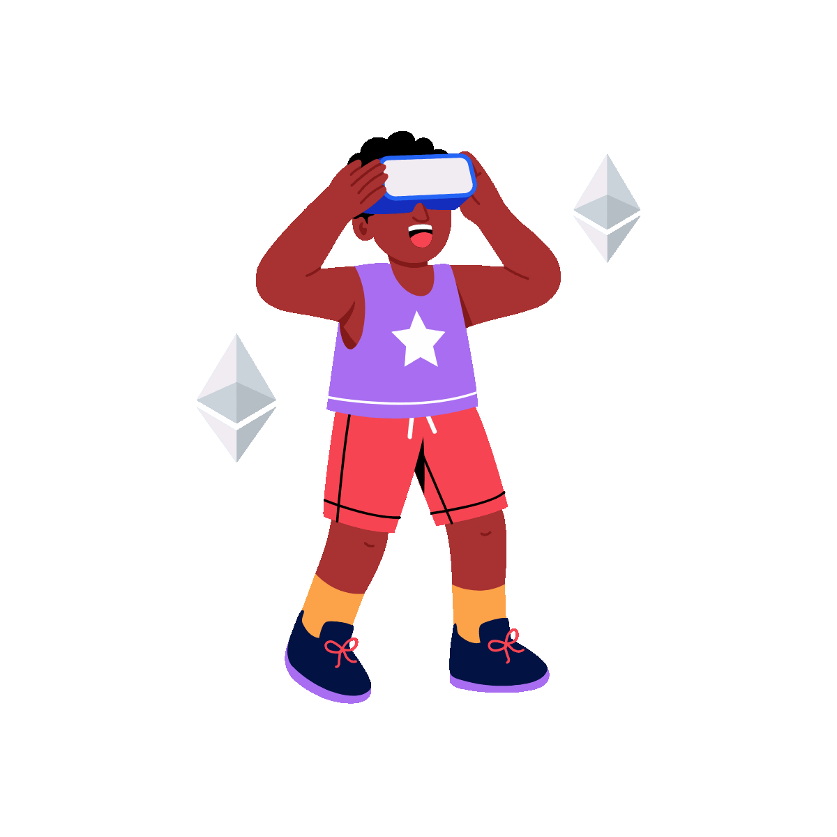 A flat style animated illustration showing a person wearing vr glasses