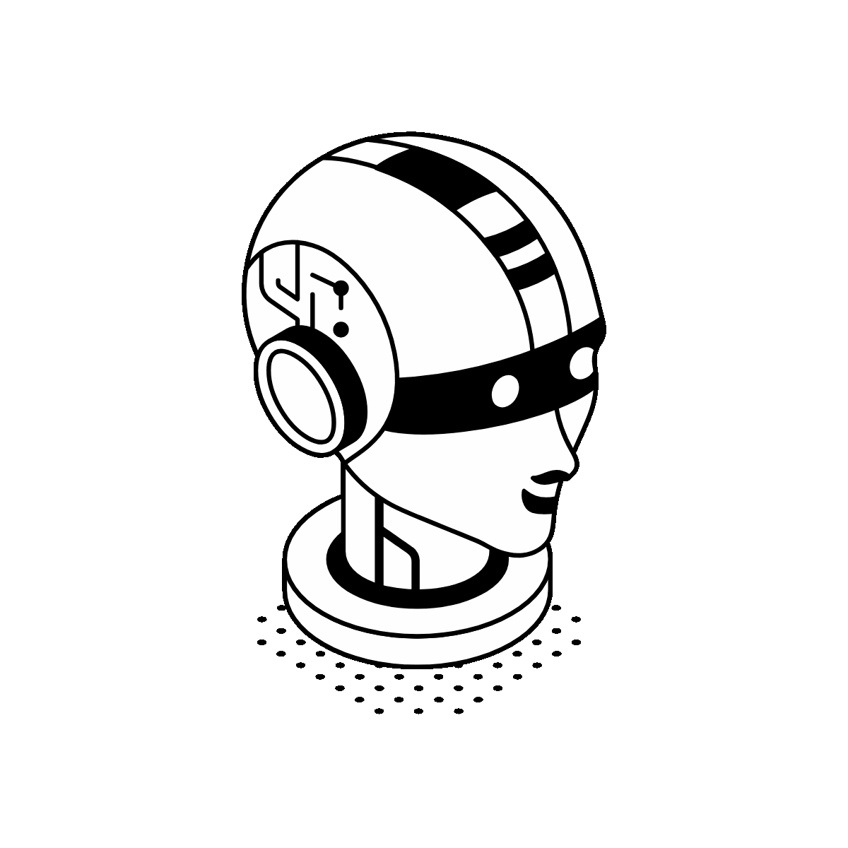 Rounded smart robot head on a pedestal.