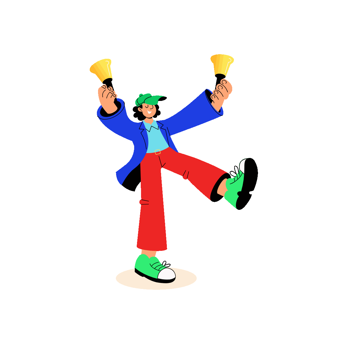 Joyful performer rings two handbells