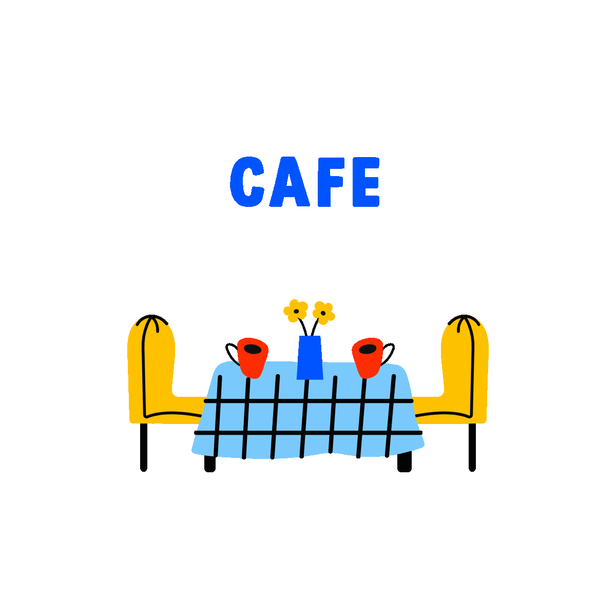 Coffee table with animated Cafe Vibes text