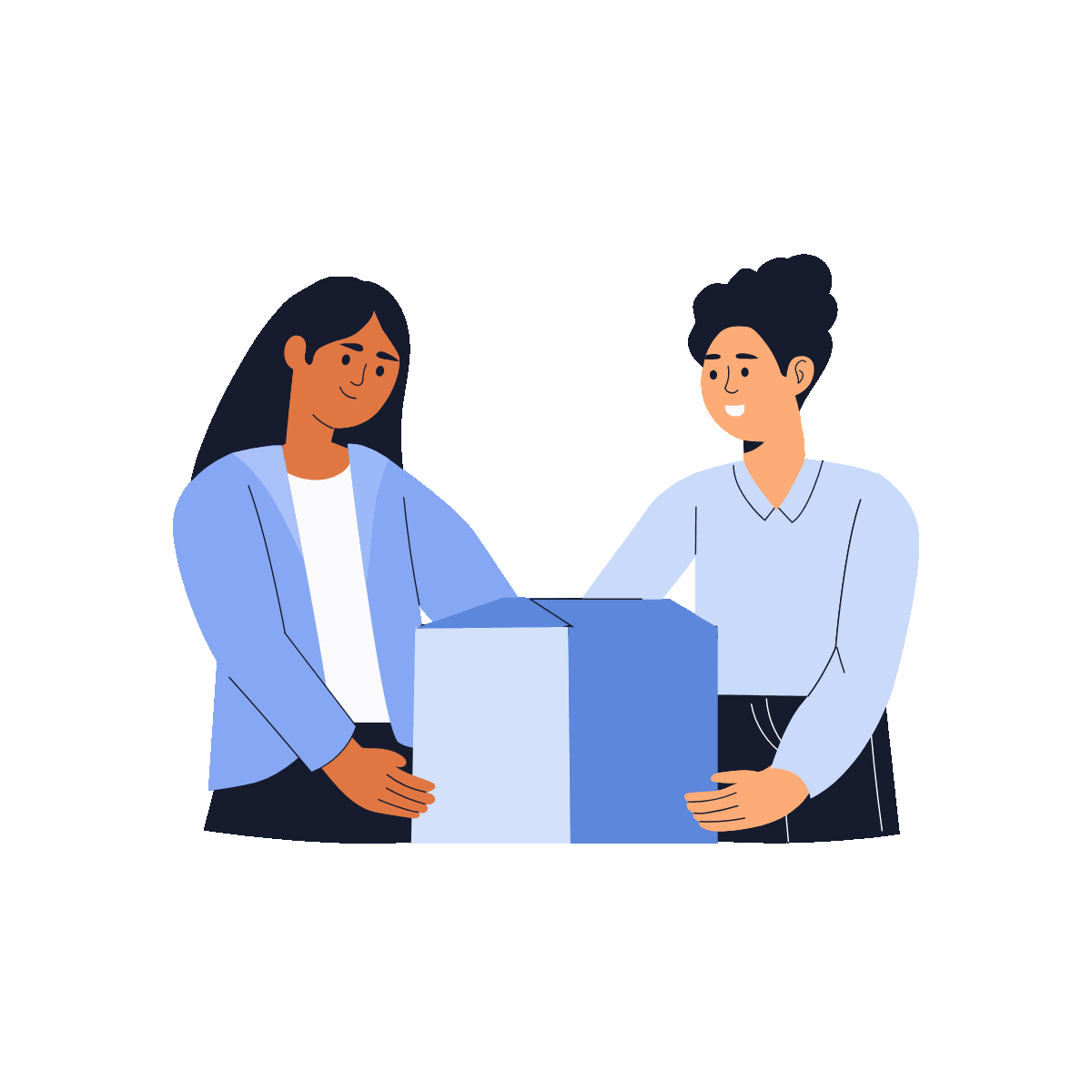 A flat style animated illustration showing two friends holding prank box