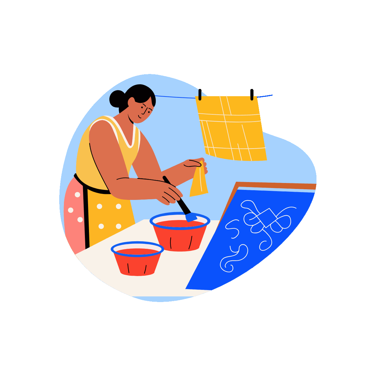 Flat animated woman dyeing fabric artwork