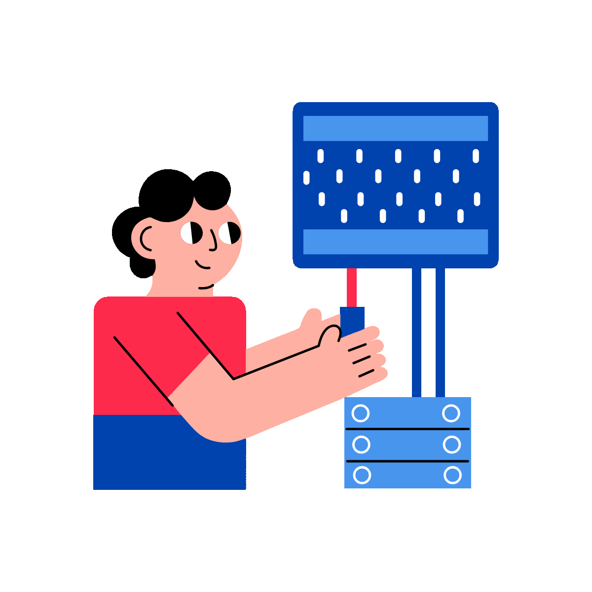 A character checking a data server, flat animated illustration