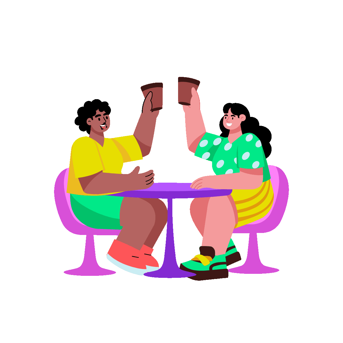 A flat style animated illustration depicting characters enjoying coffee together
