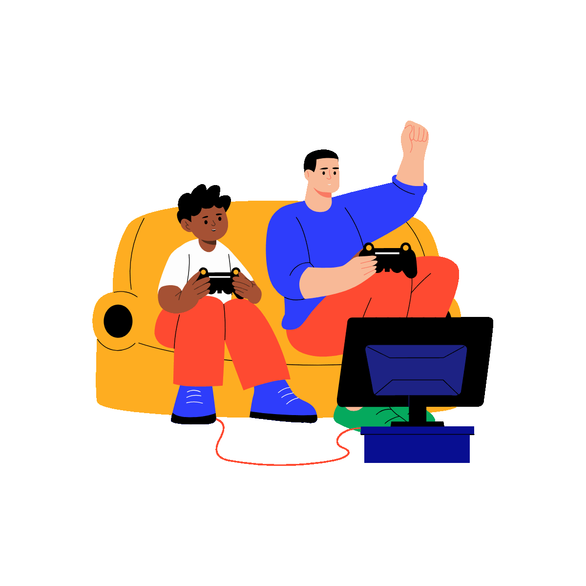 A flat style animated illustration showing a kid playing game