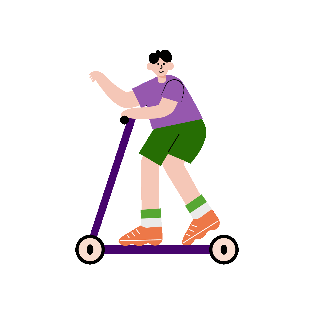 A flat style animated illustration showing a child riding scooter