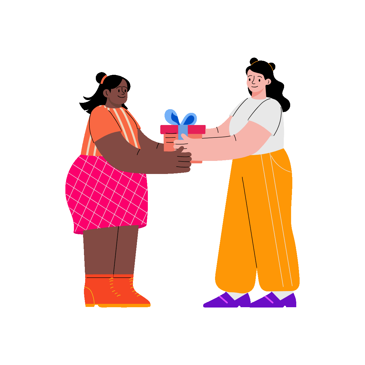 A flat style animated illustration showing friends exchanging gifts