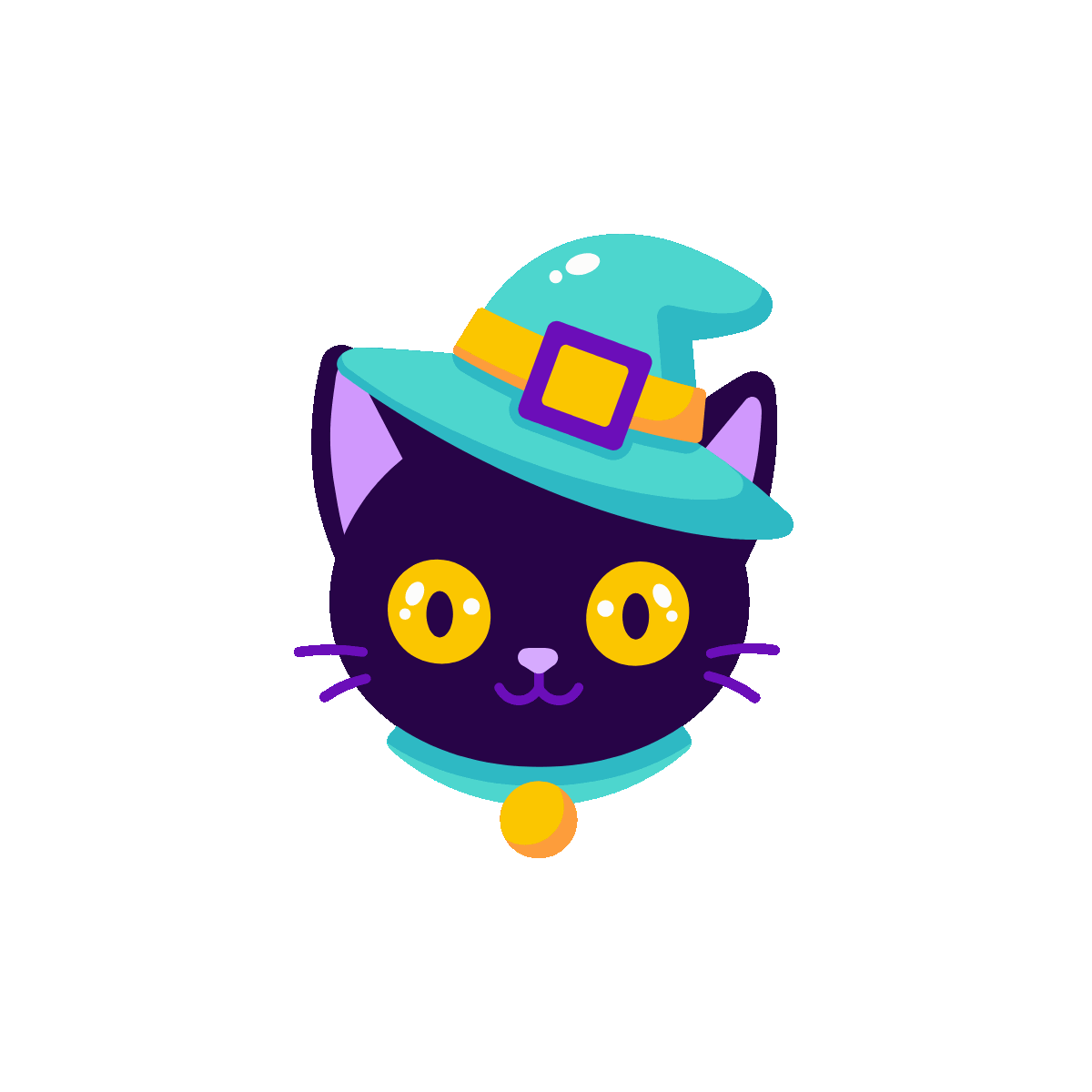 Black cat wearing a teal pointed witch hat.