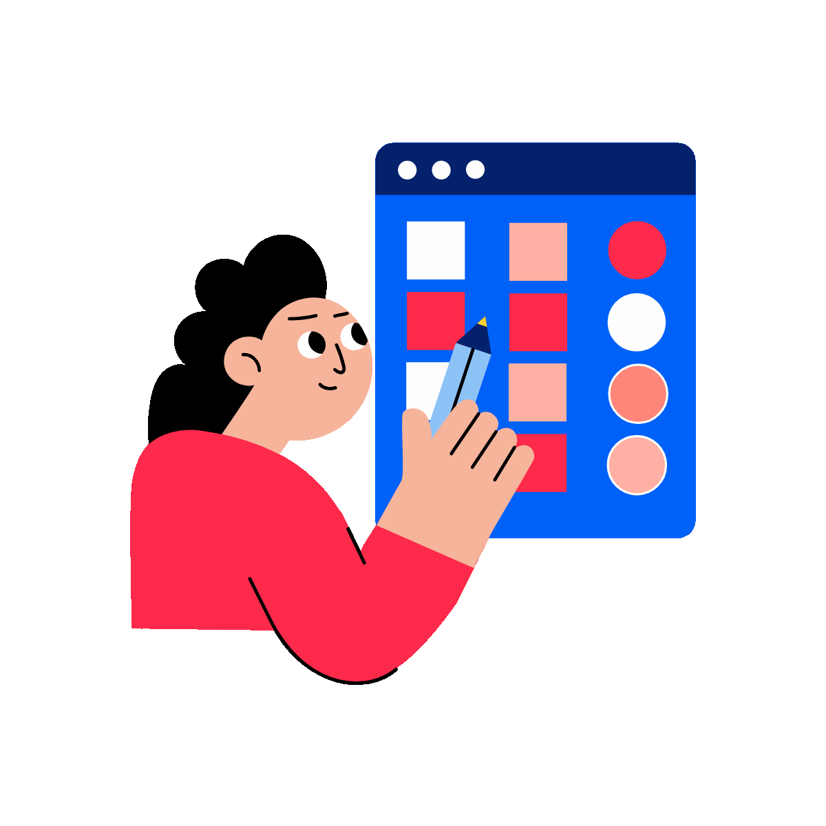 A character choosing a colour scheme, flat animated illustration