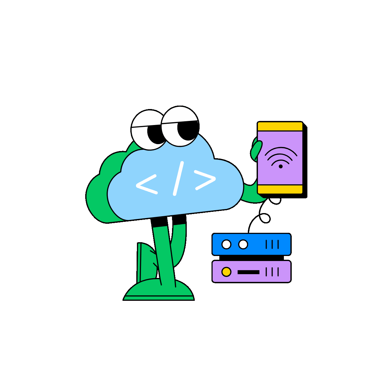 Cloud code character beside the hosting server and mobile screen in an animated flat illustration.