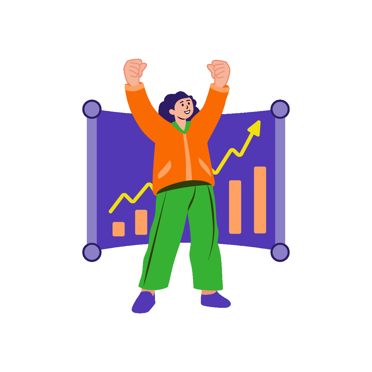 A flat style animated illustration showing success of a character