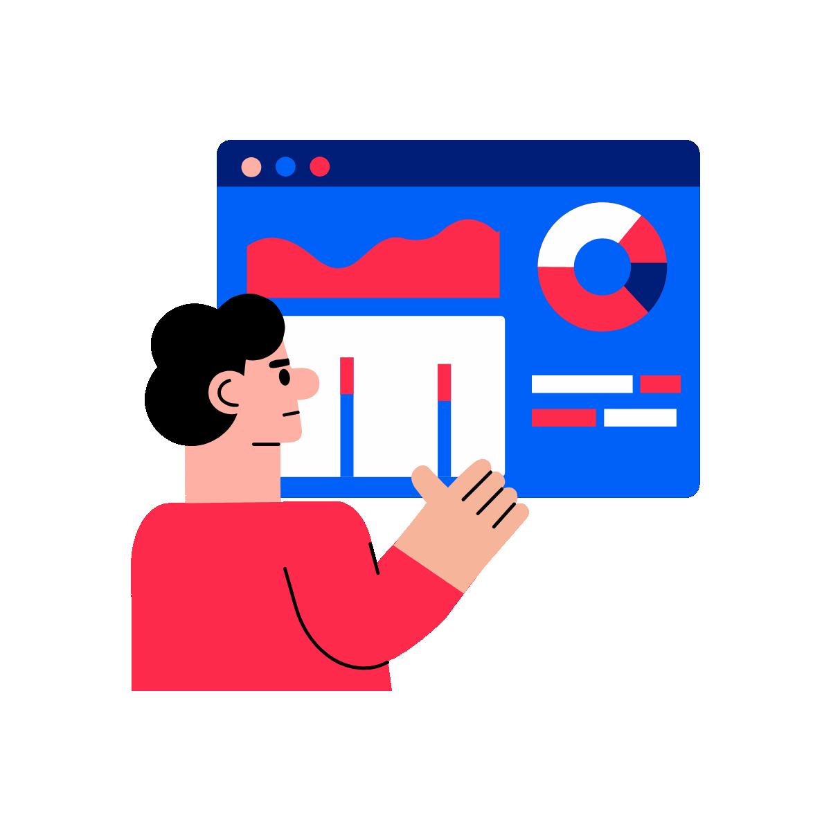 A character doing web analysis, flat style animated illustration