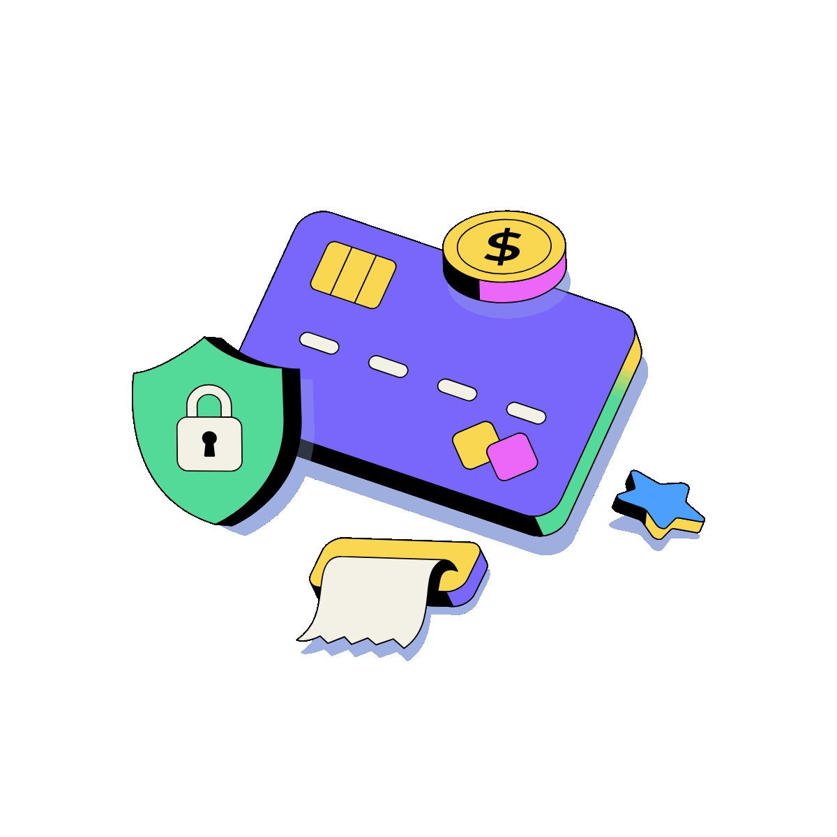 Secure payment card protected by shield and lock icons.
