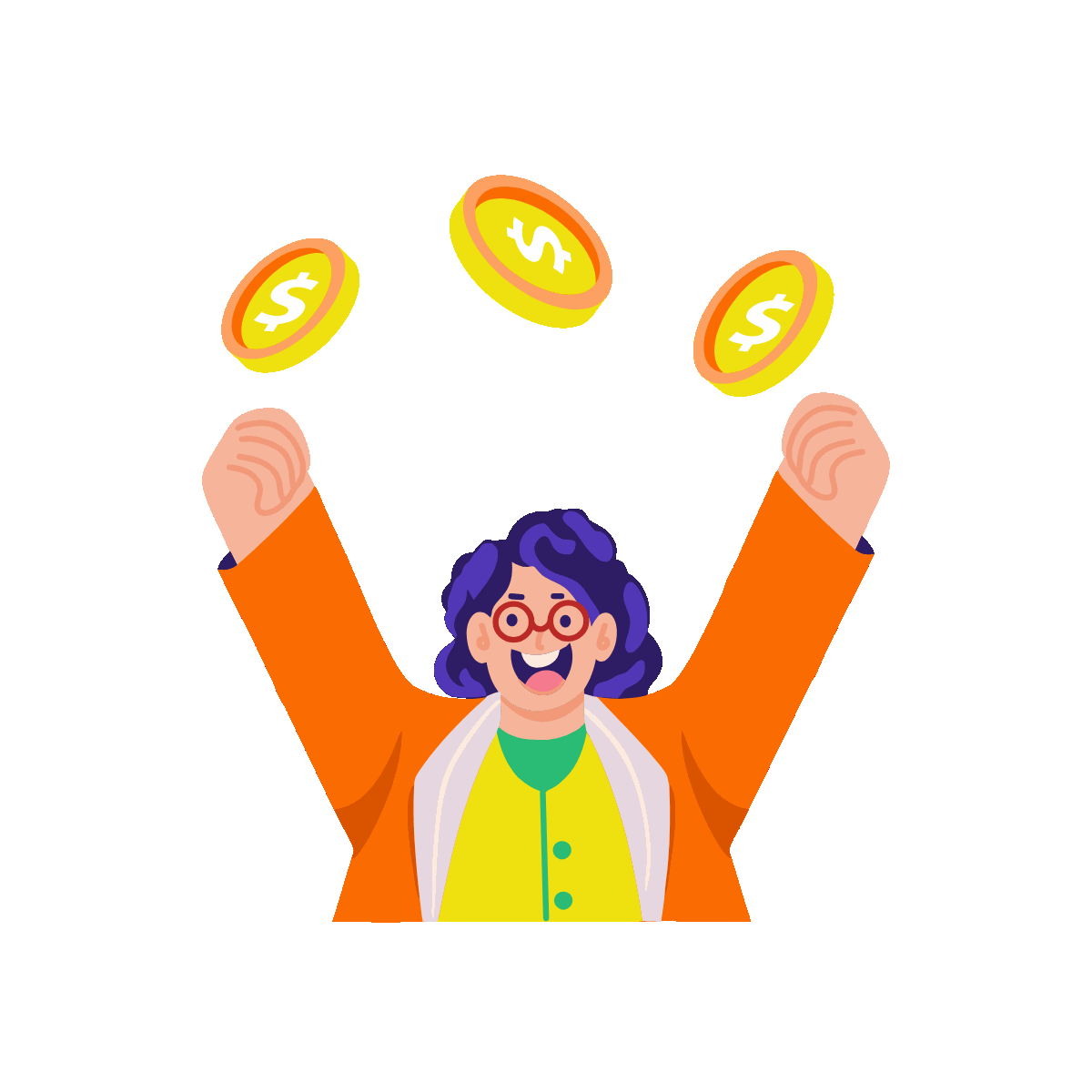 A flat style animated illustration showing a character celebrating success