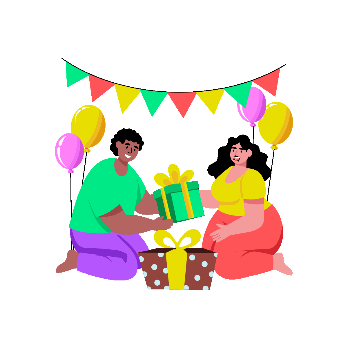 A flat style animated illustration showing characters opening gifts together