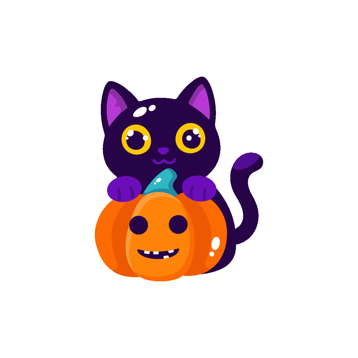 Black cat sitting inside an orange pumpkin.