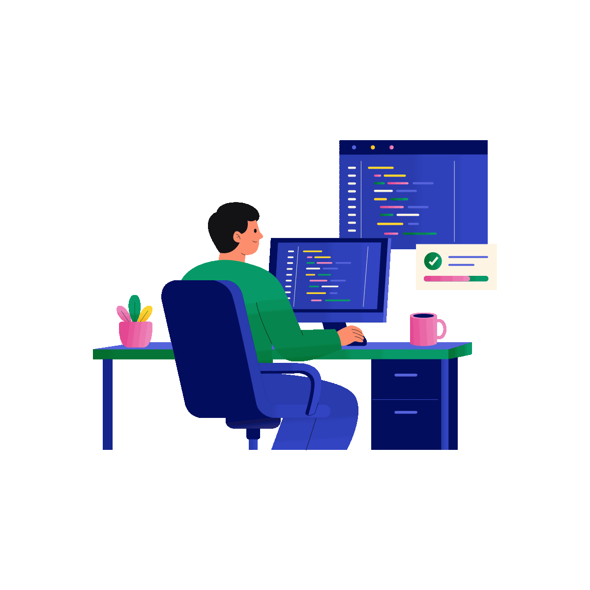 Web developer coding at an office computer