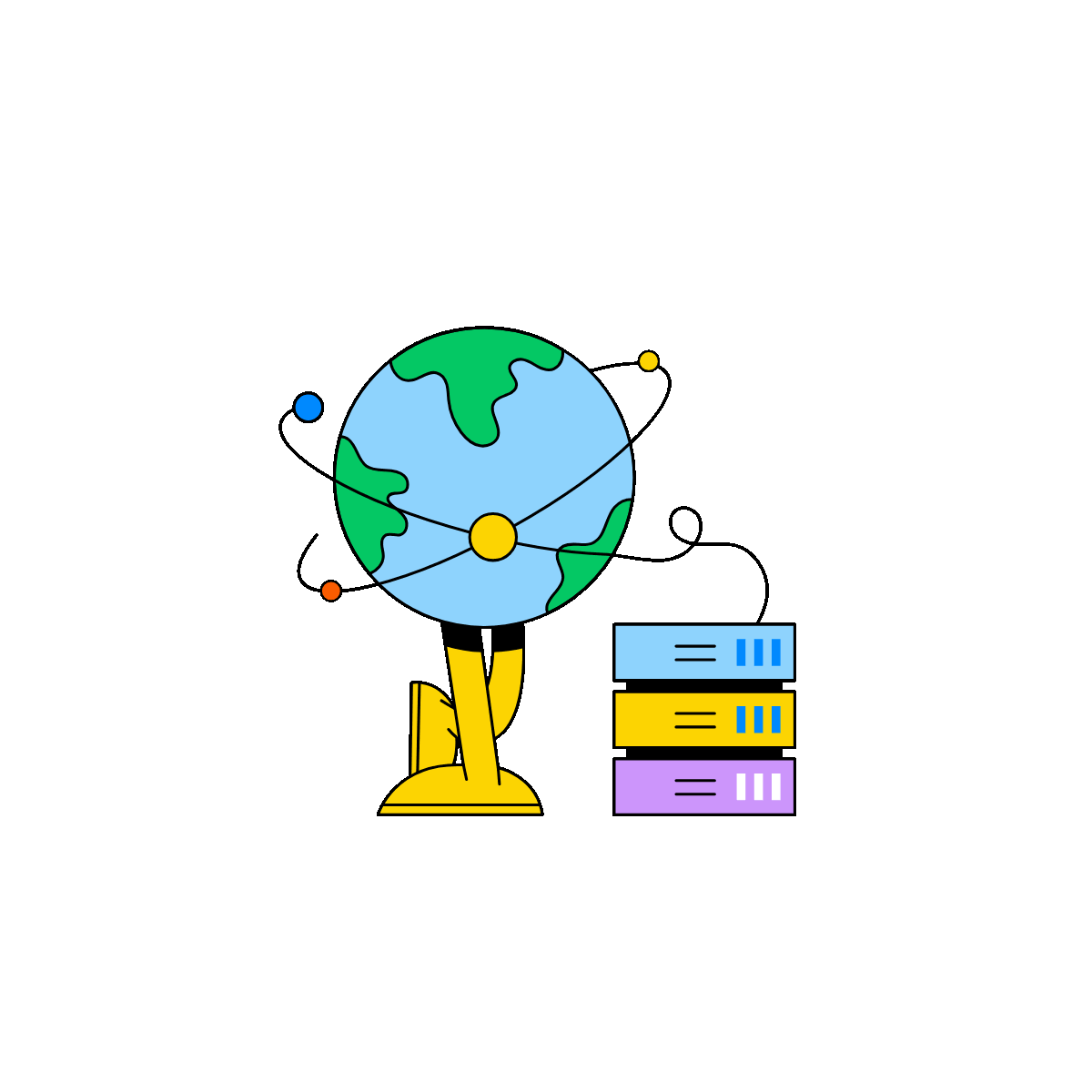 Animatedglobe character connected with servers and network nodes, illustrating global networking
